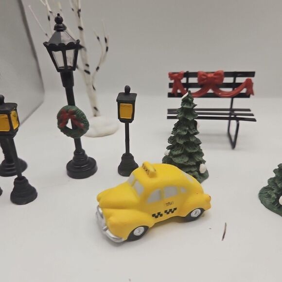 Vintage Village Mini Yellow Taxi Ceramic Car Trees Street Lamps Decorations - Picture 3 of 16